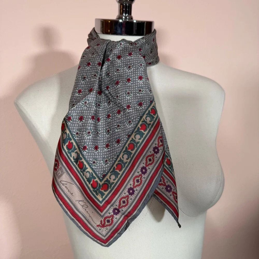 Anne Klein Vintage southwestern floral Grey teal Burgandy Red silk Scarf